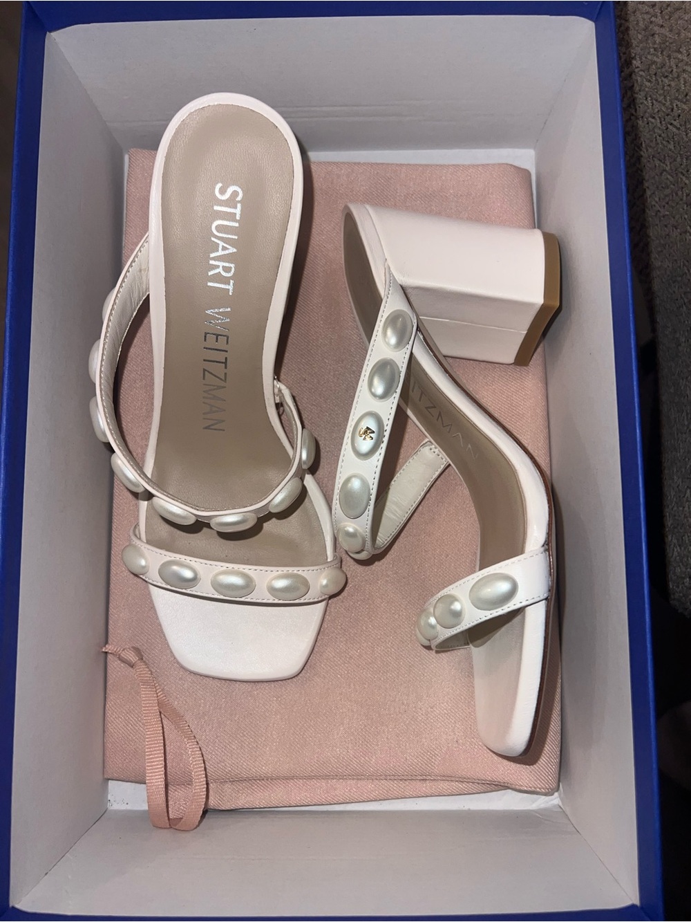 Stuart Weitzman Pearl-Embellished White Block Heel Sandals